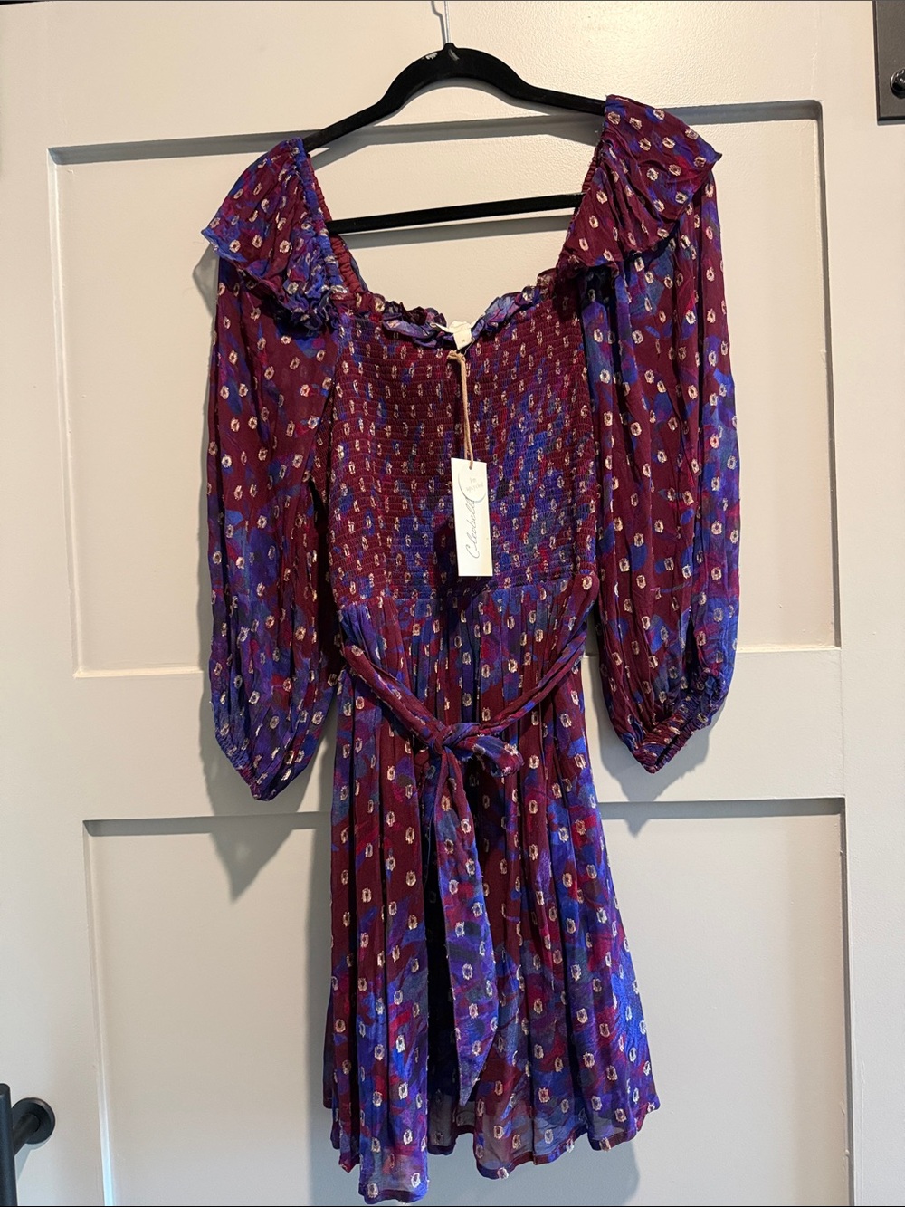 Cleobella Burgundy and Purple Smocked Off-Shoulder Mini Dress